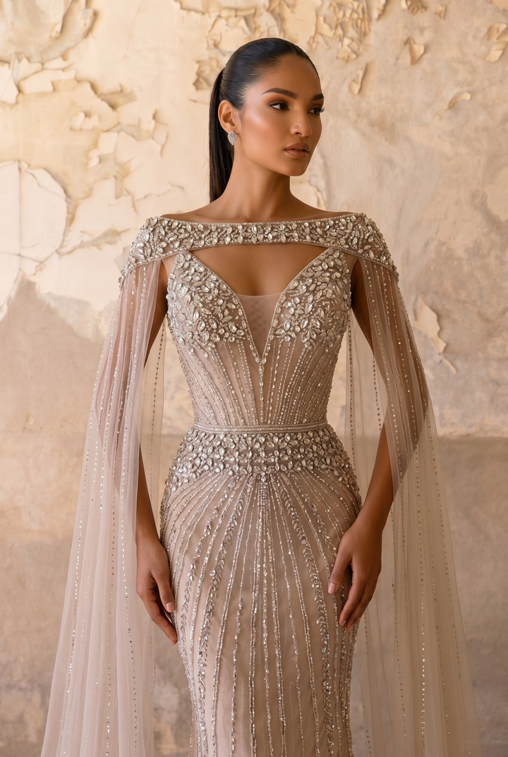Champagne Mermaid Evening Gown with Beaded Cape Sleeves, Illusion Corset and Deep V Neckline – Luxury Formal Dress Plus Size