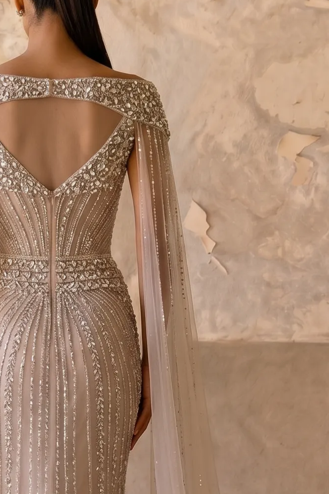 Champagne Mermaid Evening Gown with Beaded Cape Sleeves, Illusion Corset and Deep V Neckline – Luxury Formal Dress Plus Size
