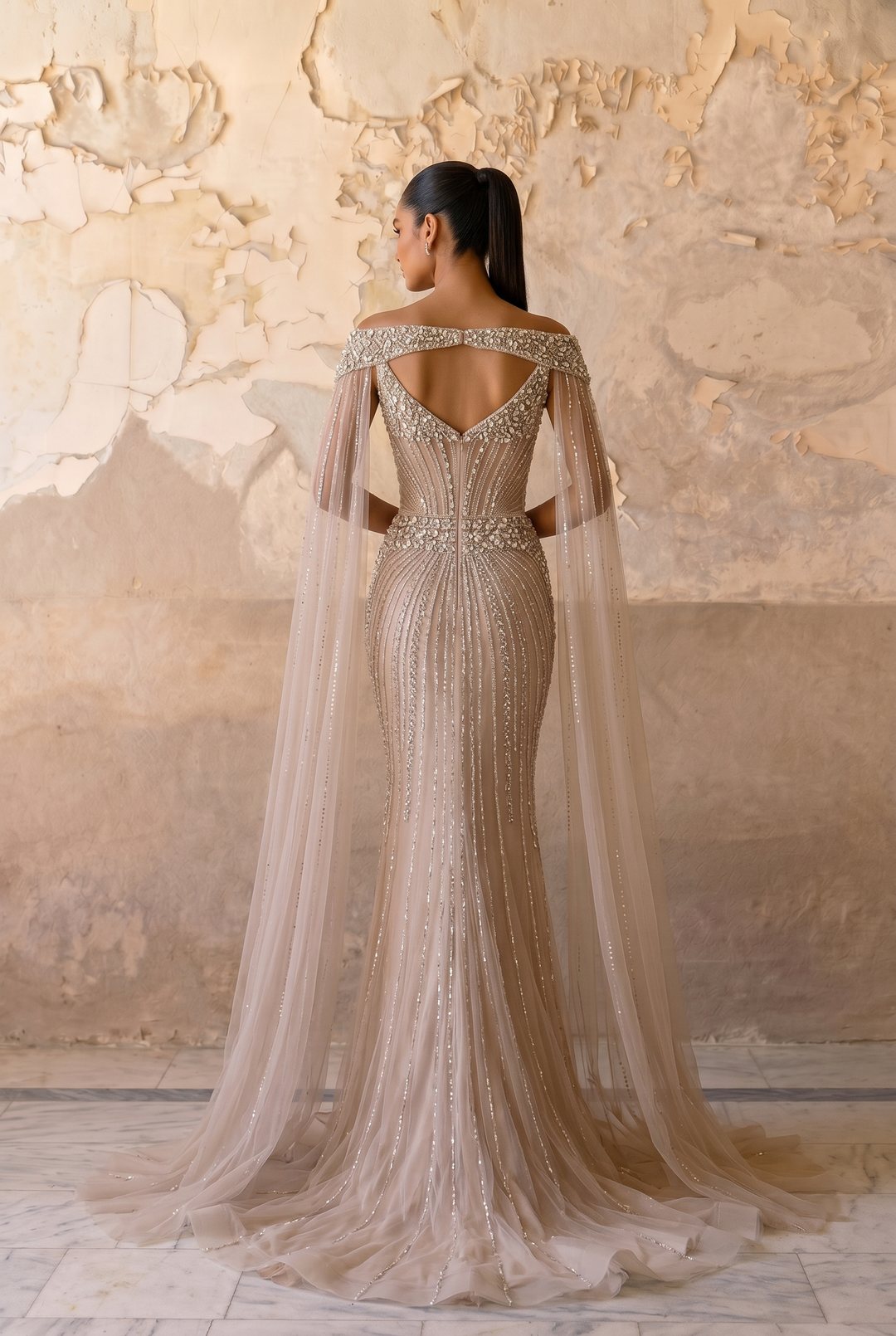 Champagne Mermaid Evening Gown with Beaded Cape Sleeves, Illusion Corset and Deep V Neckline – Luxury Formal Dress Plus Size