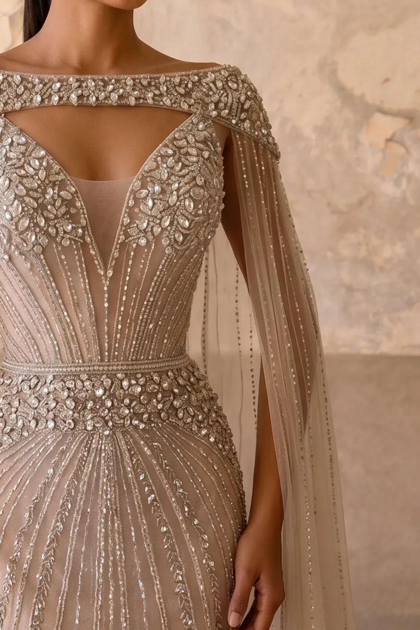Champagne Mermaid Evening Gown with Beaded Cape Sleeves, Illusion Corset and Deep V Neckline – Luxury Formal Dress Plus Size