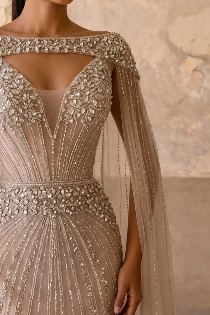 Champagne Mermaid Evening Gown with Beaded Cape Sleeves, Illusion Corset and Deep V Neckline – Luxury Formal Dress Plus Size