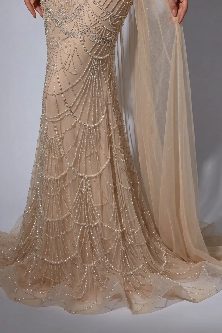 Champagne Mermaid Evening Gown with Beaded Fringe Cape Collar and Open Back – Formal Dress Plus Size