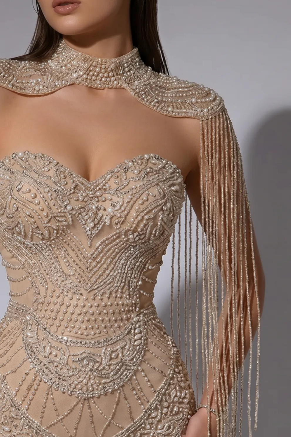 Champagne Mermaid Evening Gown with Beaded Fringe Cape Collar and Open Back – Formal Dress Plus Size