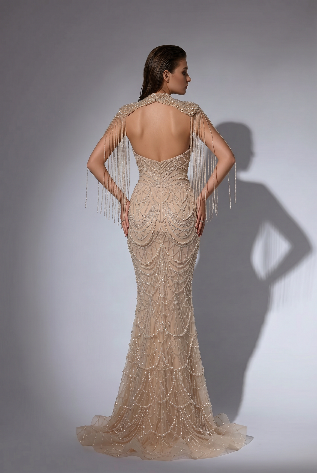 Champagne Mermaid Evening Gown with Beaded Fringe Cape Collar and Open Back – Formal Dress Plus Size
