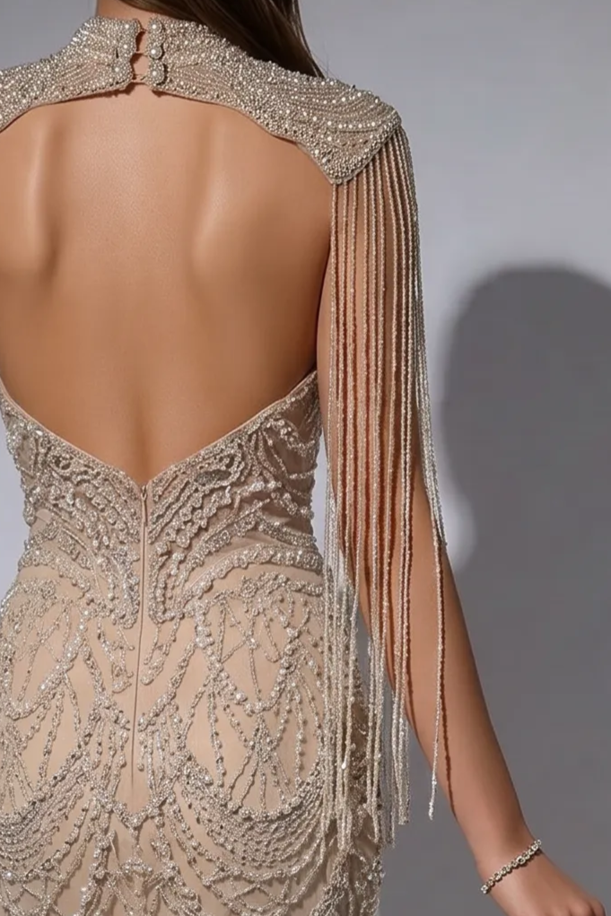Champagne Mermaid Evening Gown with Beaded Fringe Cape Collar and Open Back – Formal Dress Plus Size
