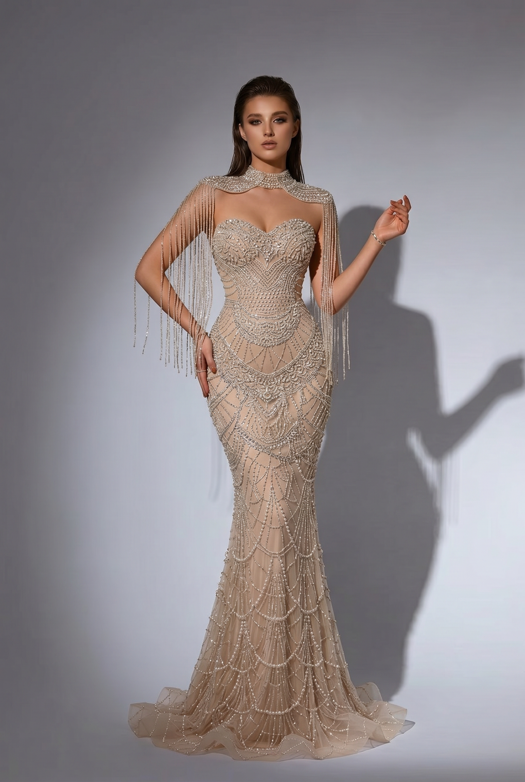 Champagne Mermaid Evening Gown with Beaded Fringe Cape Collar and Open Back – Formal Dress Plus Size Size 16W / Champagne