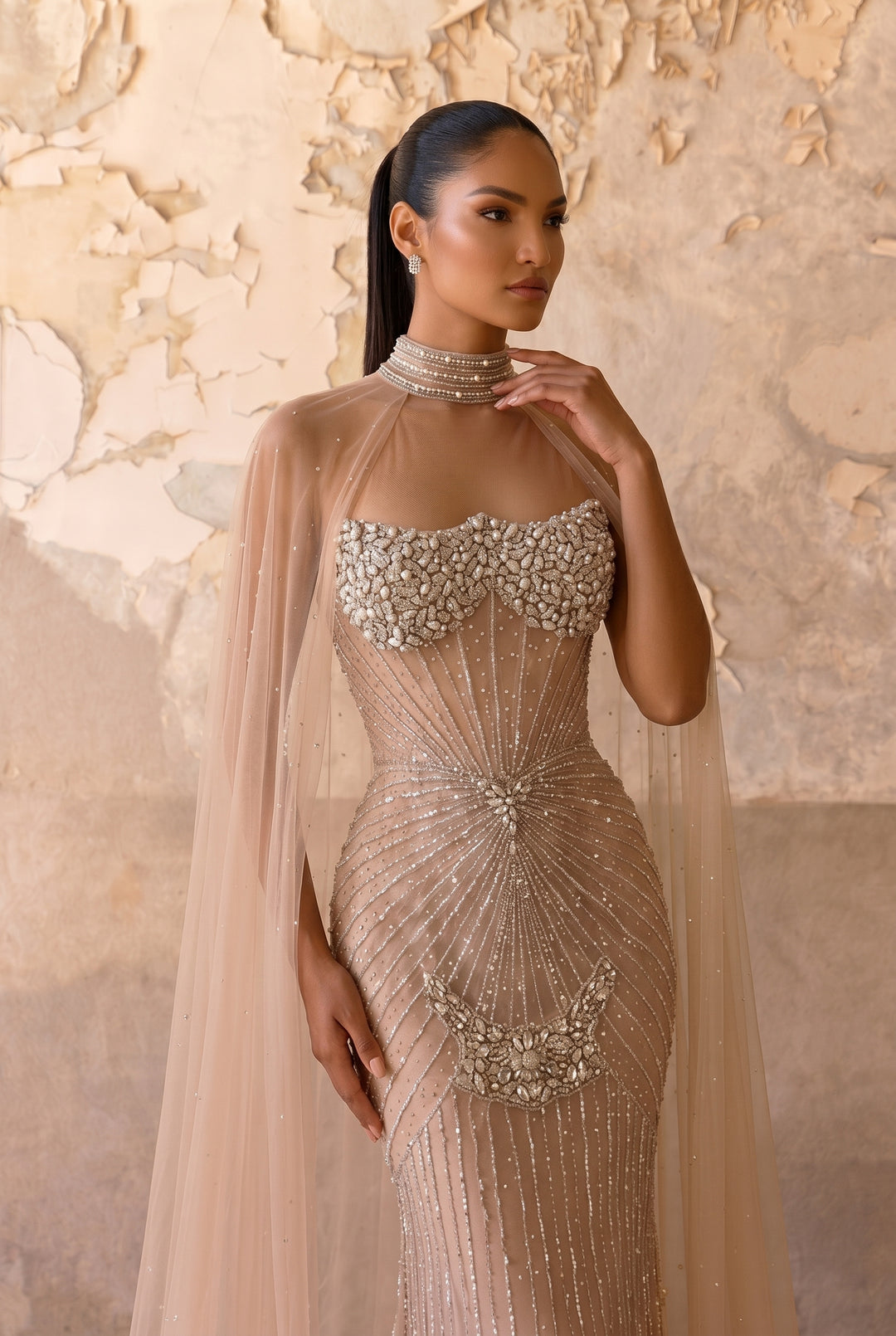 Champagne Mermaid Evening Gown with Beaded Halter Neck, Illusion Cape and Crystal Embellishments – Formal Dress Plus Size Size 16 / Champagne