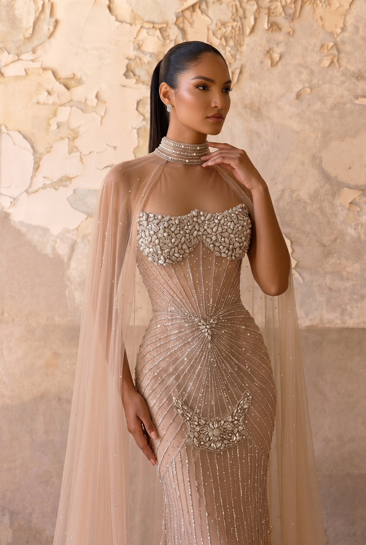 Champagne Mermaid Evening Gown with Beaded Halter Neck, Illusion Cape and Crystal Embellishments – Formal Dress Plus Size Size 16 / Champagne