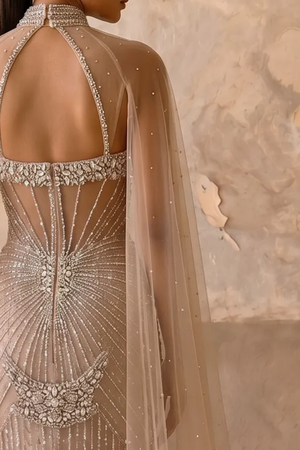 Champagne Mermaid Evening Gown with Beaded Halter Neck, Illusion Cape and Crystal Embellishments – Formal Dress Plus Size