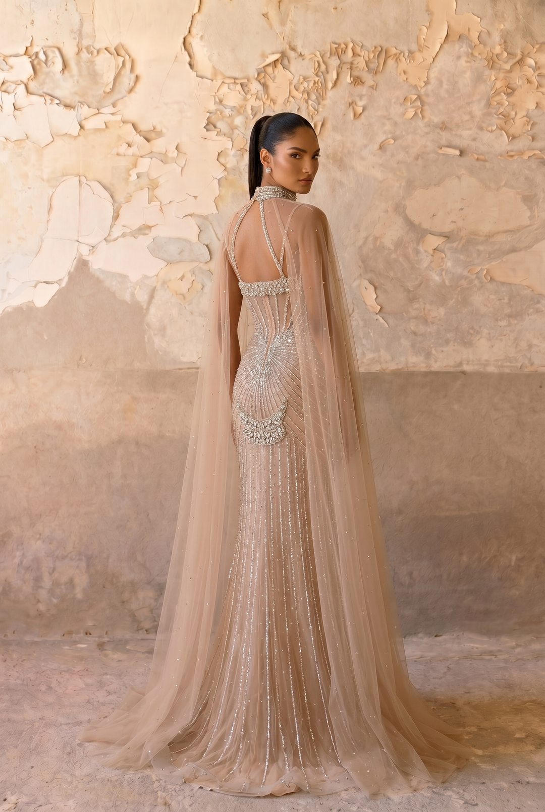 Champagne Mermaid Evening Gown with Beaded Halter Neck, Illusion Cape and Crystal Embellishments – Formal Dress Plus Size Size 16 / Champagne