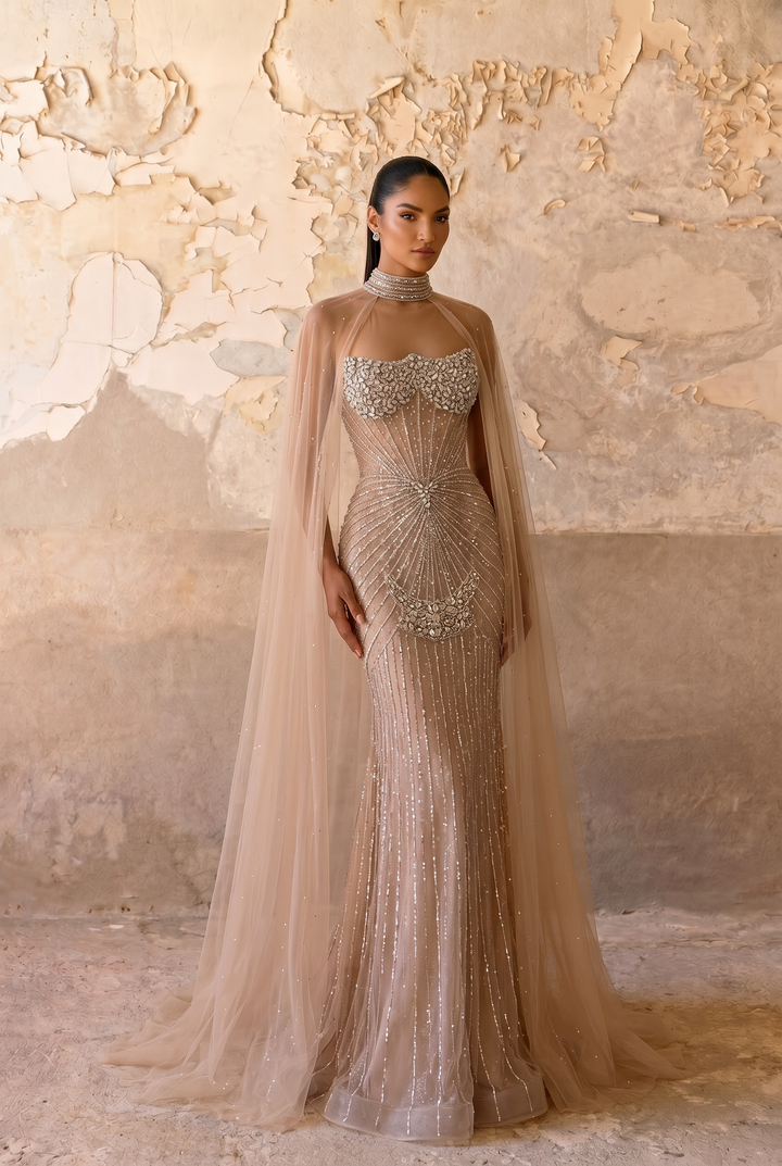 Champagne Mermaid Evening Gown with Beaded Halter Neck, Illusion Cape and Crystal Embellishments – Formal Dress Plus Size Size 16 / Champagne