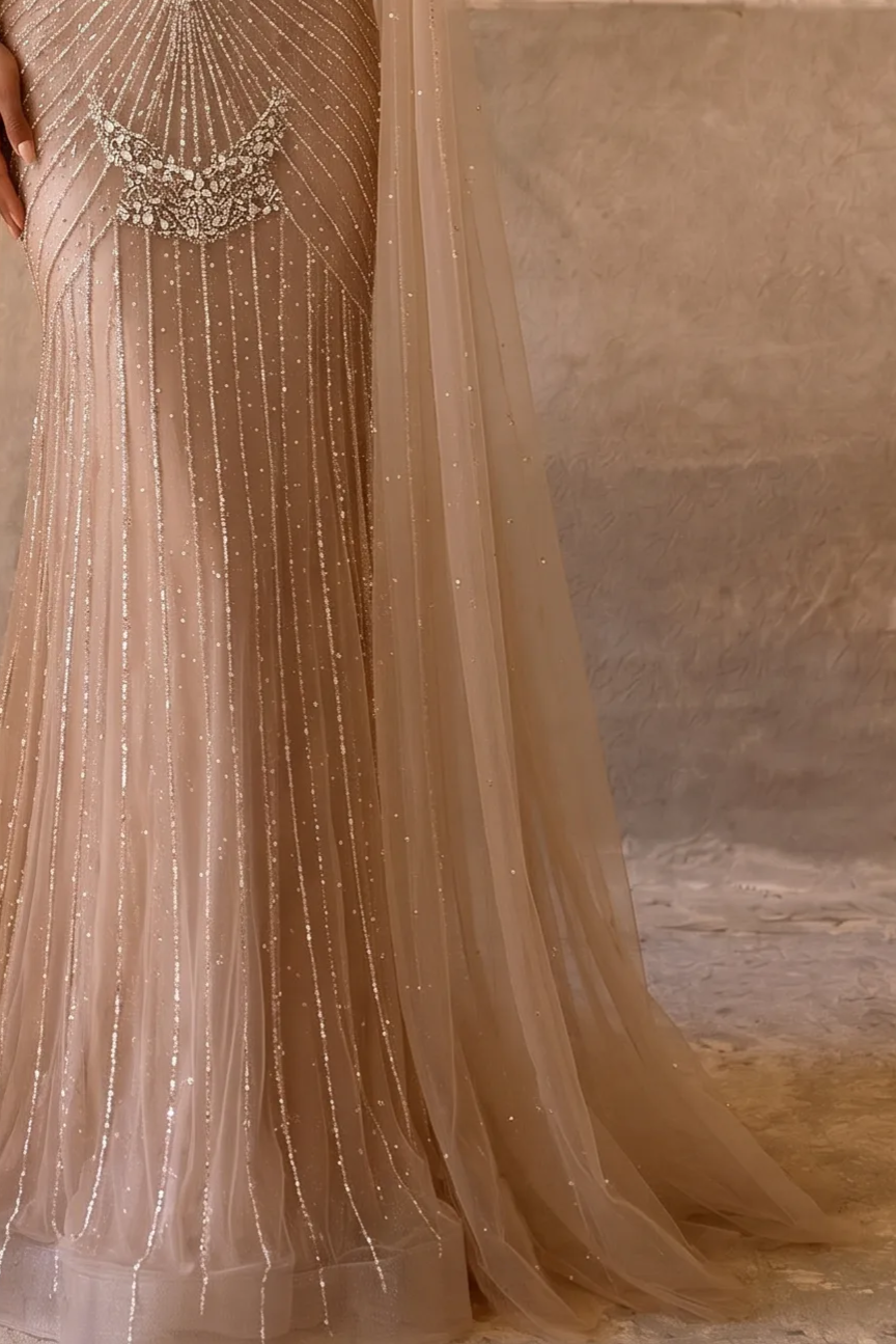 Champagne Mermaid Evening Gown with Beaded Halter Neck, Illusion Cape and Crystal Embellishments – Formal Dress Plus Size