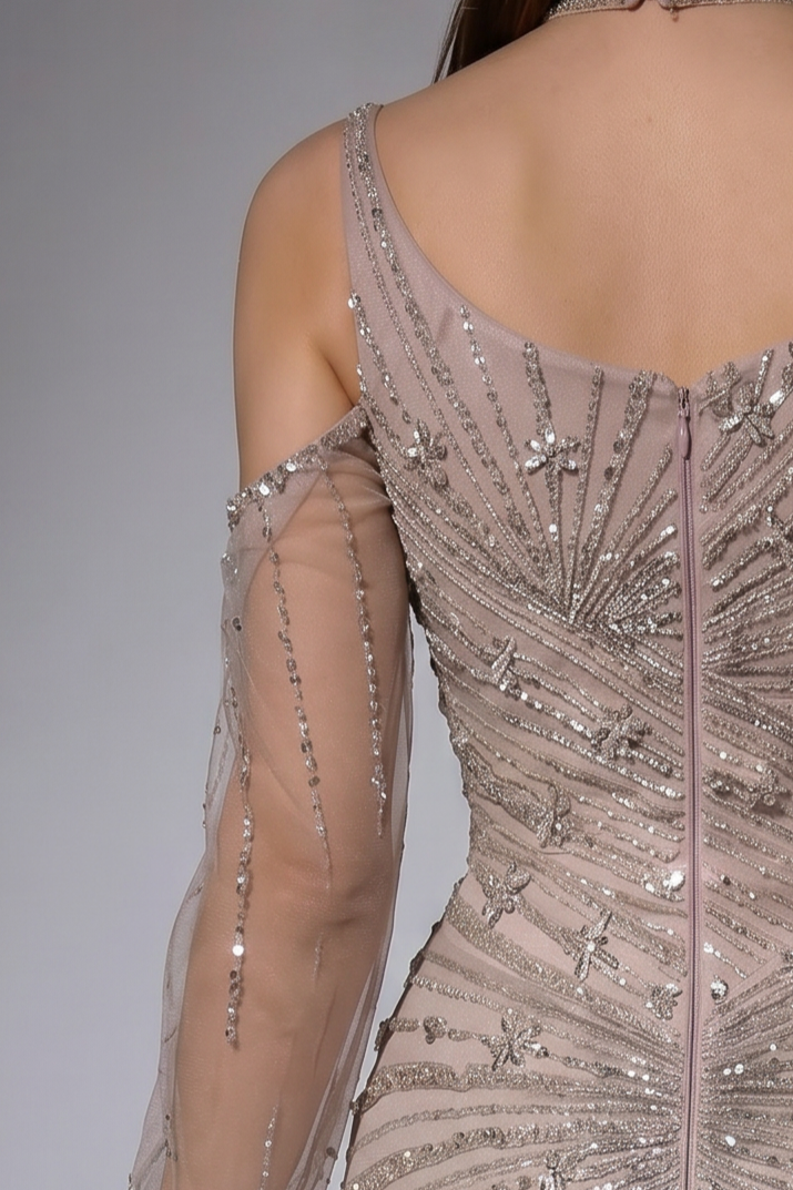 Champagne Mermaid Evening Gown with Cold-Shoulder Illusion Sleeves, Hand-Beaded Corset and Crystal Choker Plus Size