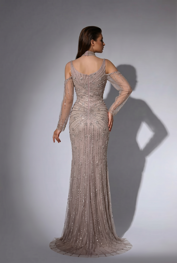 Champagne Mermaid Evening Gown with Cold-Shoulder Illusion Sleeves, Hand-Beaded Corset and Crystal Choker Plus Size