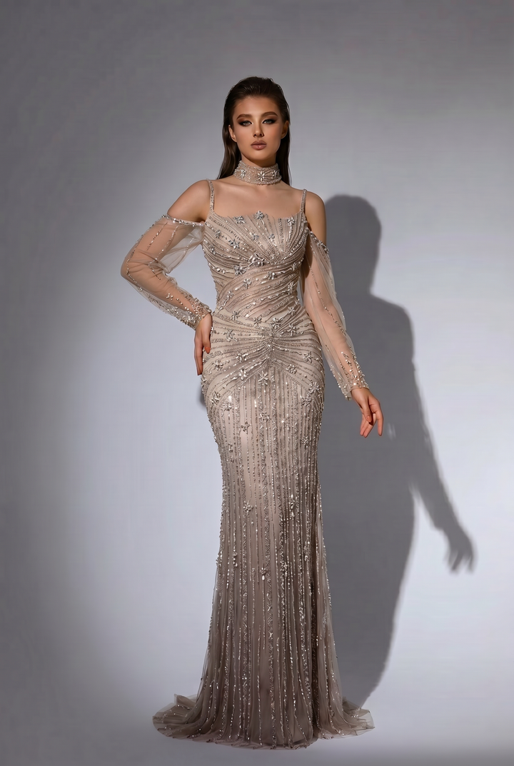 Champagne Mermaid Evening Gown with Cold-Shoulder Illusion Sleeves, Hand-Beaded Corset and Crystal Choker Plus Size