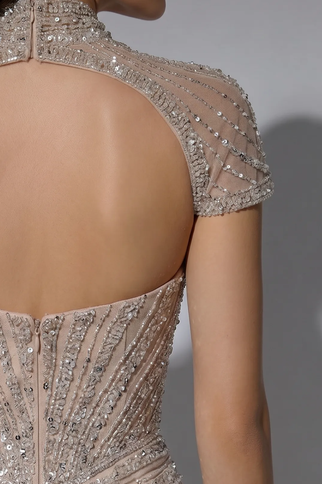 Champagne Mermaid Evening Gown with High Neck Illusion Cape, Open Back and Hand-Beaded Sequin Embroidery Plus Size