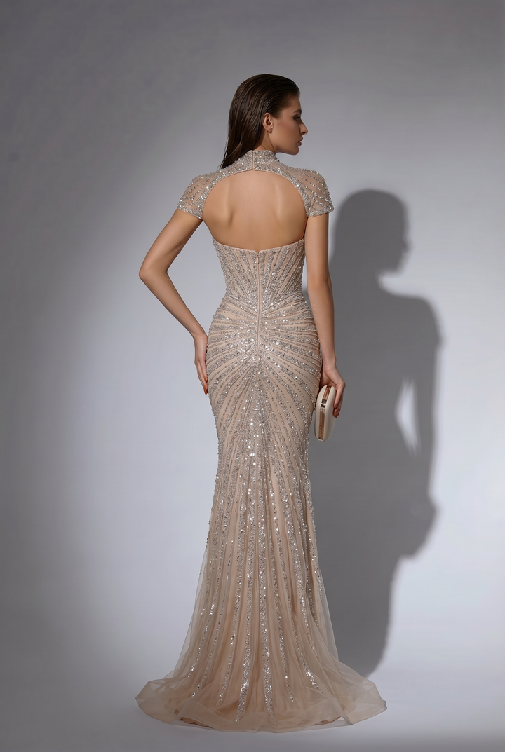 Champagne Mermaid Evening Gown with High Neck Illusion Cape, Open Back and Hand-Beaded Sequin Embroidery Plus Size