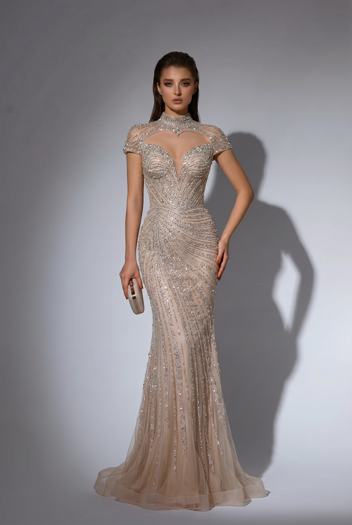 Champagne Mermaid Evening Gown with High Neck Illusion Cape, Open Back and Hand-Beaded Sequin Embroidery Plus Size