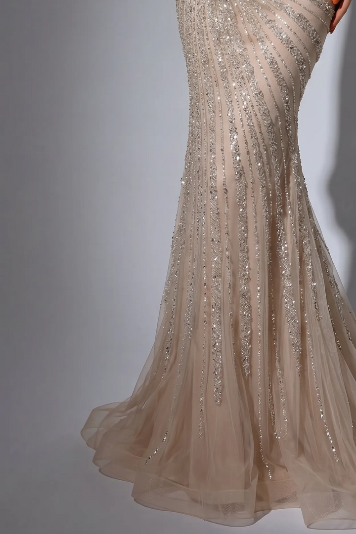 Champagne Mermaid Evening Gown with High Neck Illusion Cape, Open Back and Hand-Beaded Sequin Embroidery Plus Size