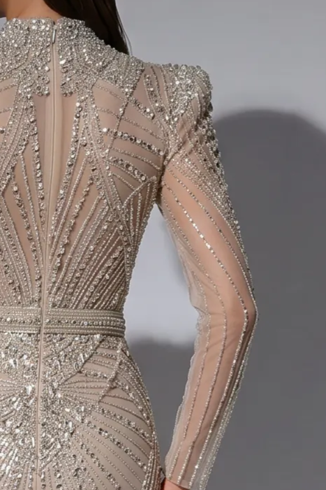 Champagne Mermaid Evening Gown with High Neckline, Structured Shoulders and Crystal Beaded Embroidery Plus Size