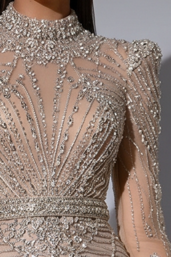 Champagne Mermaid Evening Gown with High Neckline, Structured Shoulders and Crystal Beaded Embroidery Plus Size