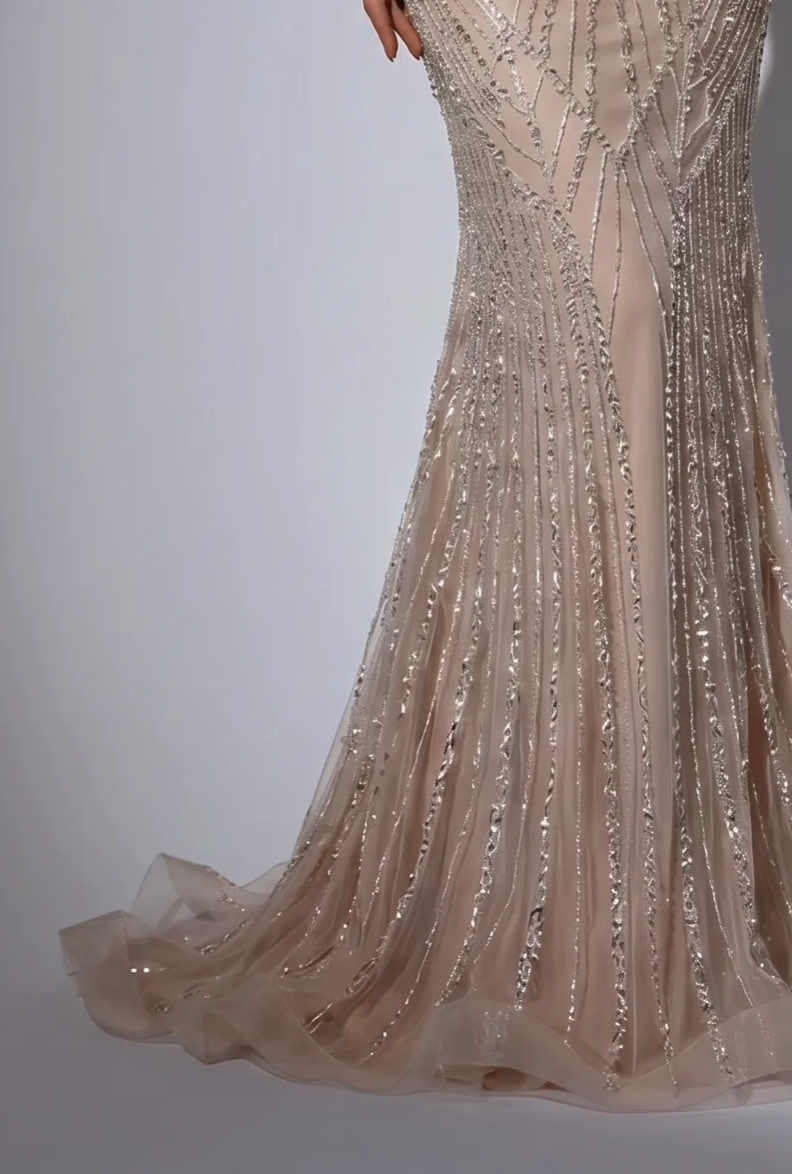 Champagne Mermaid Evening Gown with High Neckline, Structured Shoulders and Crystal Beaded Embroidery Plus Size