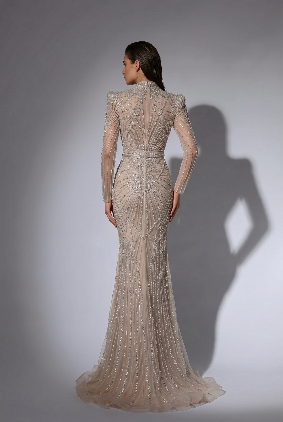 Champagne Mermaid Evening Gown with High Neckline, Structured Shoulders and Crystal Beaded Embroidery Plus Size