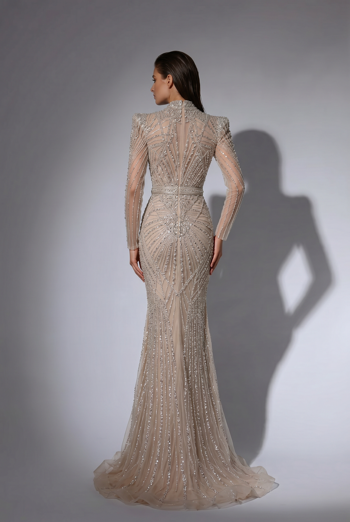Champagne Mermaid Evening Gown with High Neckline, Structured Shoulders and Crystal Beaded Embroidery Plus Size