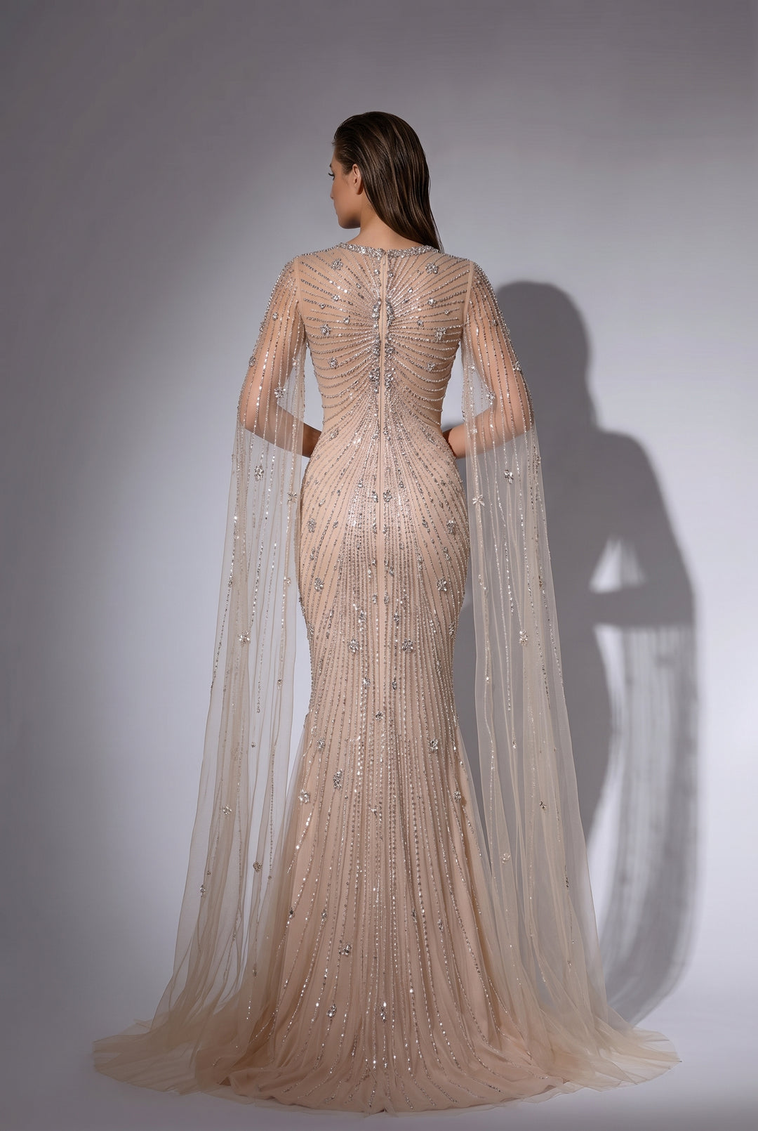 Champagne Mermaid Evening Gown with Illusion Sweetheart Neckline, Beaded Cape Sleeves and Crystal Embellishments – Formal Dress Plus Size