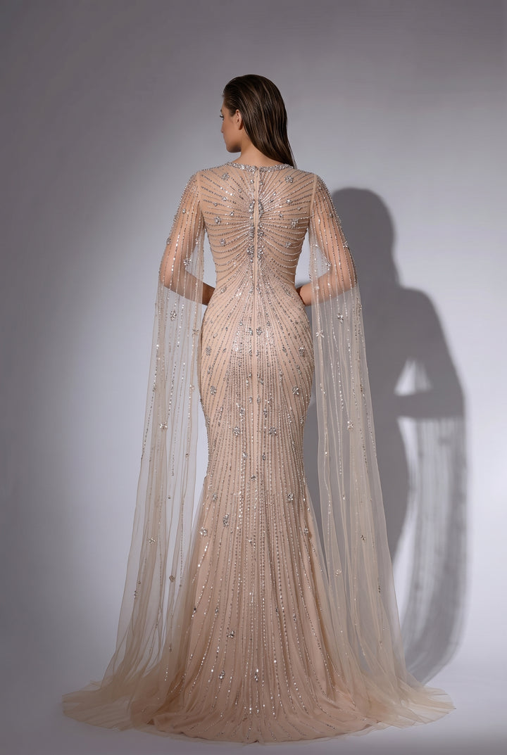 Champagne Mermaid Evening Gown with Illusion Sweetheart Neckline, Beaded Cape Sleeves and Crystal Embellishments – Formal Dress Plus Size