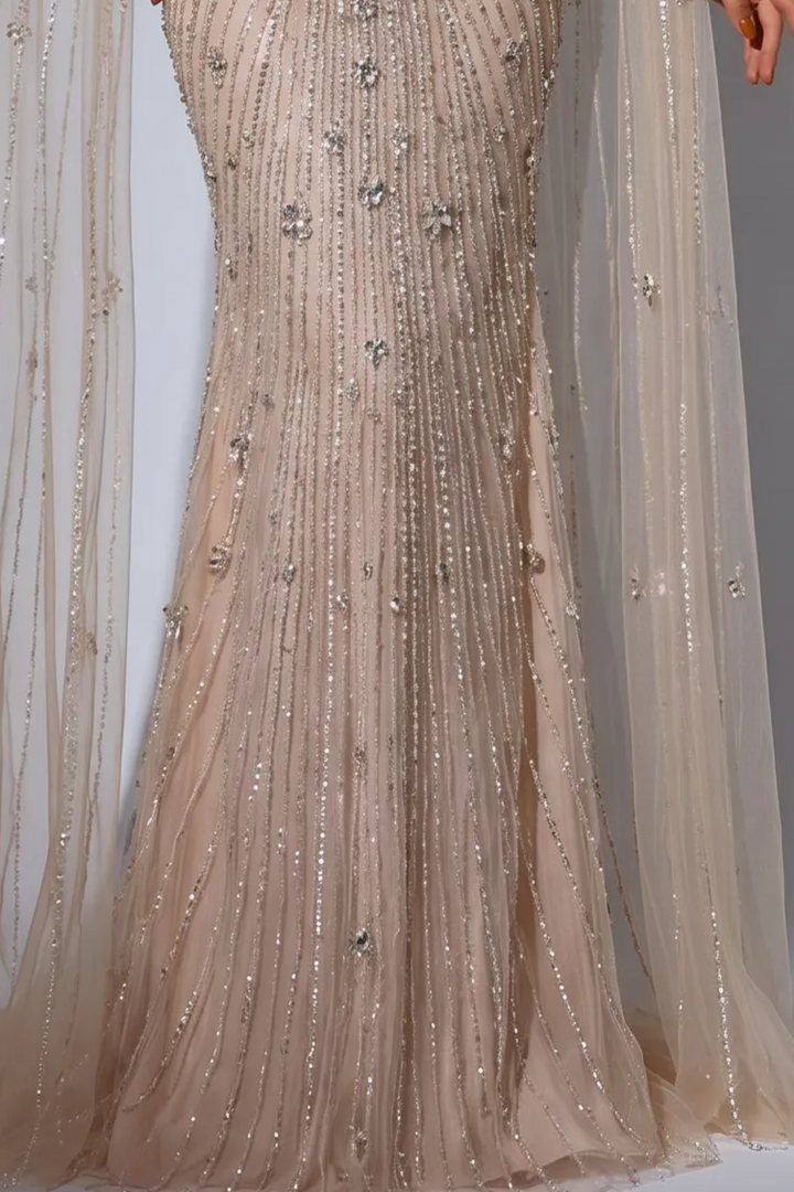 Champagne Mermaid Evening Gown with Illusion Sweetheart Neckline, Beaded Cape Sleeves and Crystal Embellishments – Formal Dress Plus Size