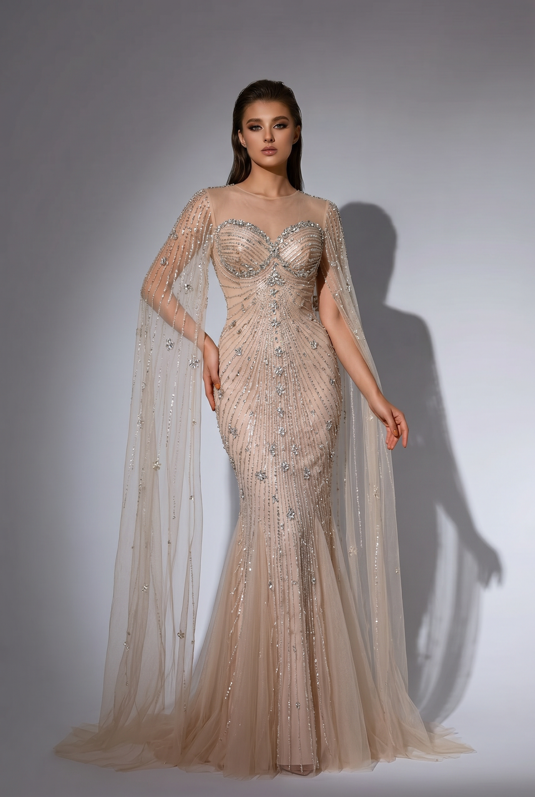 Champagne Mermaid Evening Gown with Illusion Sweetheart Neckline, Beaded Cape Sleeves and Crystal Embellishments – Formal Dress Plus Size