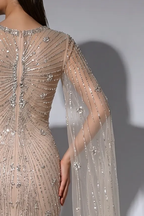 Champagne Mermaid Evening Gown with Illusion Sweetheart Neckline, Beaded Cape Sleeves and Crystal Embellishments – Formal Dress Plus Size