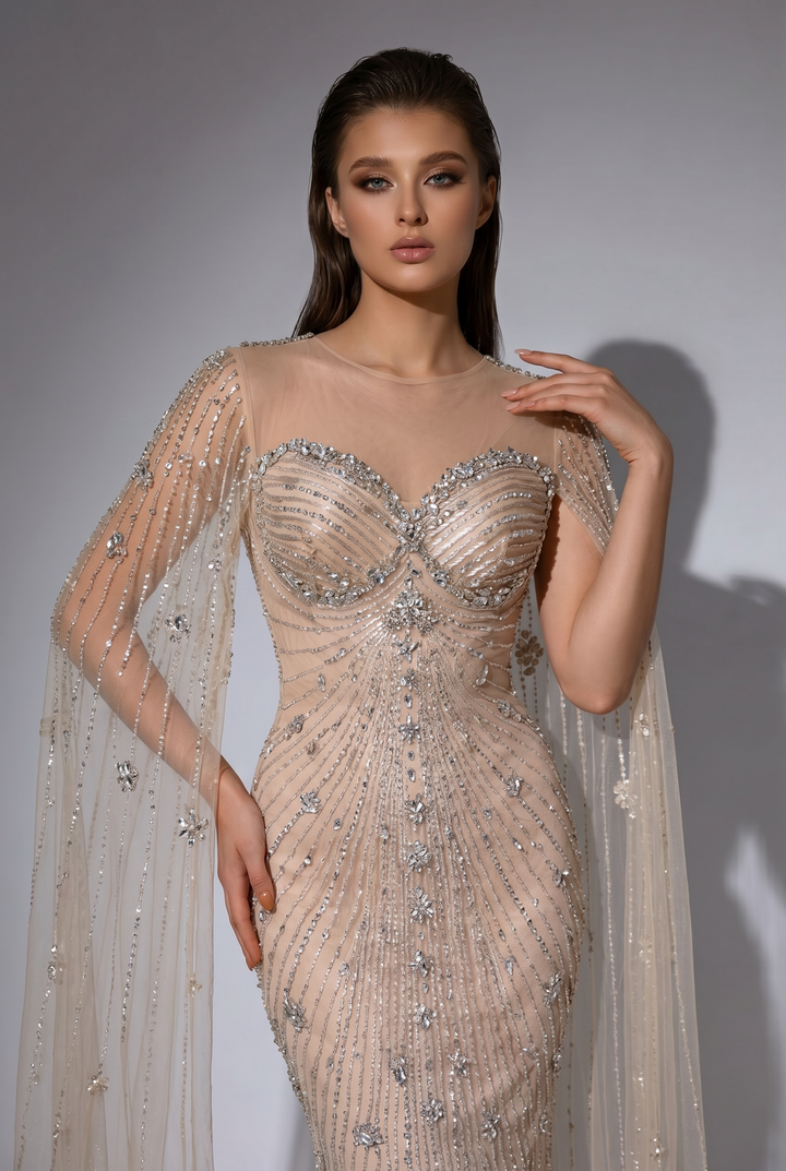 Champagne Mermaid Evening Gown with Illusion Sweetheart Neckline, Beaded Cape Sleeves and Crystal Embellishments – Formal Dress Plus Size