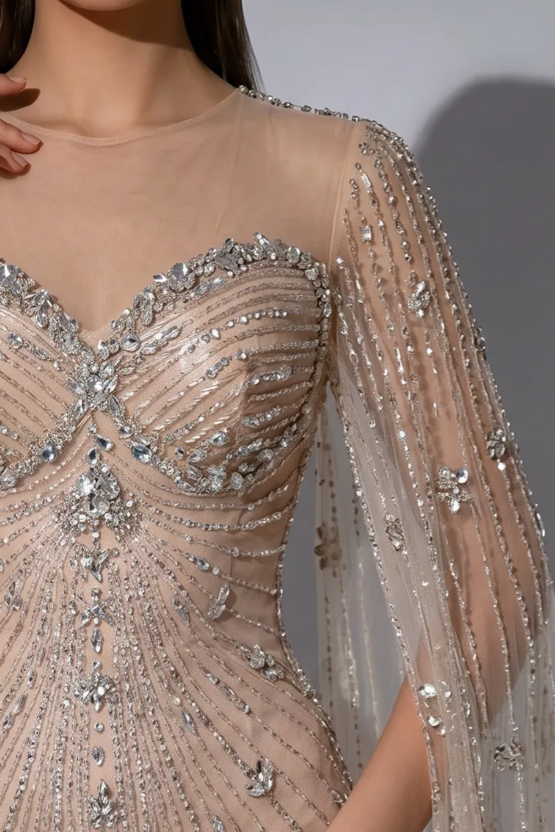 Champagne Mermaid Evening Gown with Illusion Sweetheart Neckline, Beaded Cape Sleeves and Crystal Embellishments – Formal Dress Plus Size