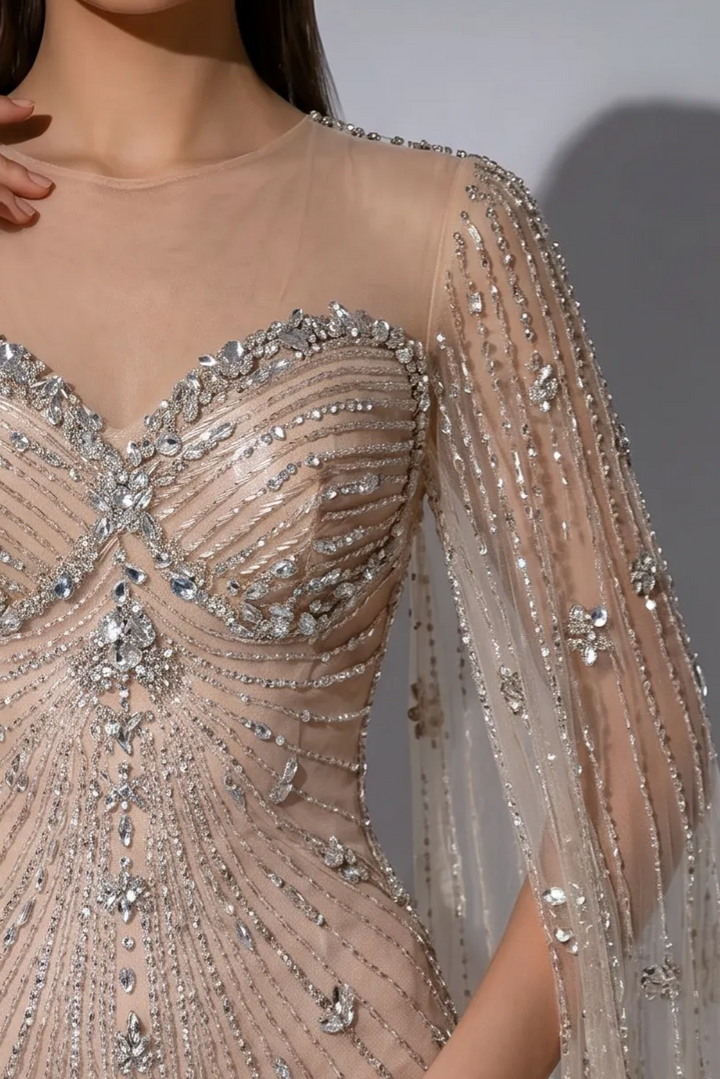Champagne Mermaid Evening Gown with Illusion Sweetheart Neckline, Beaded Cape Sleeves and Crystal Embellishments – Formal Dress Plus Size