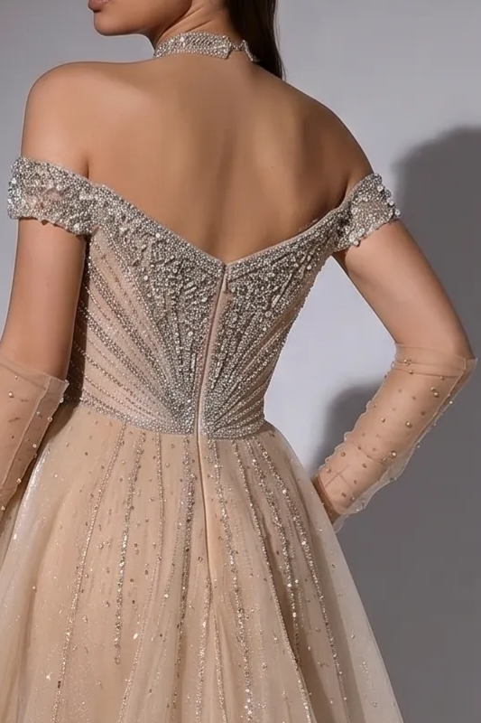 Champagne Mermaid Evening Gown with Off-the-Shoulder Neckline, Detachable Overskirt and Crystal Beading – Formal Dress Plus Size