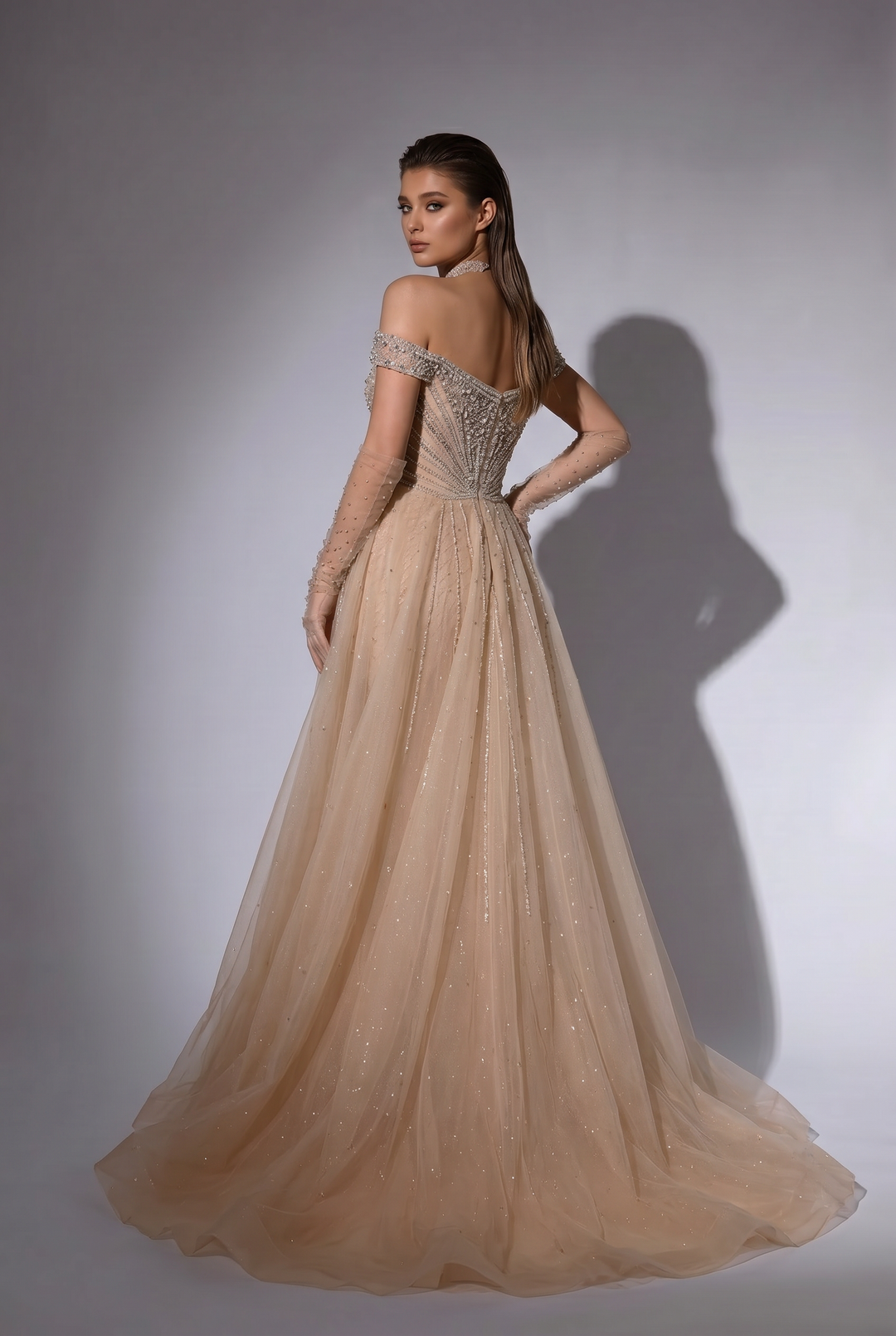 Champagne Mermaid Evening Gown with Off-the-Shoulder Neckline, Detachable Overskirt and Crystal Beading – Formal Dress Plus Size