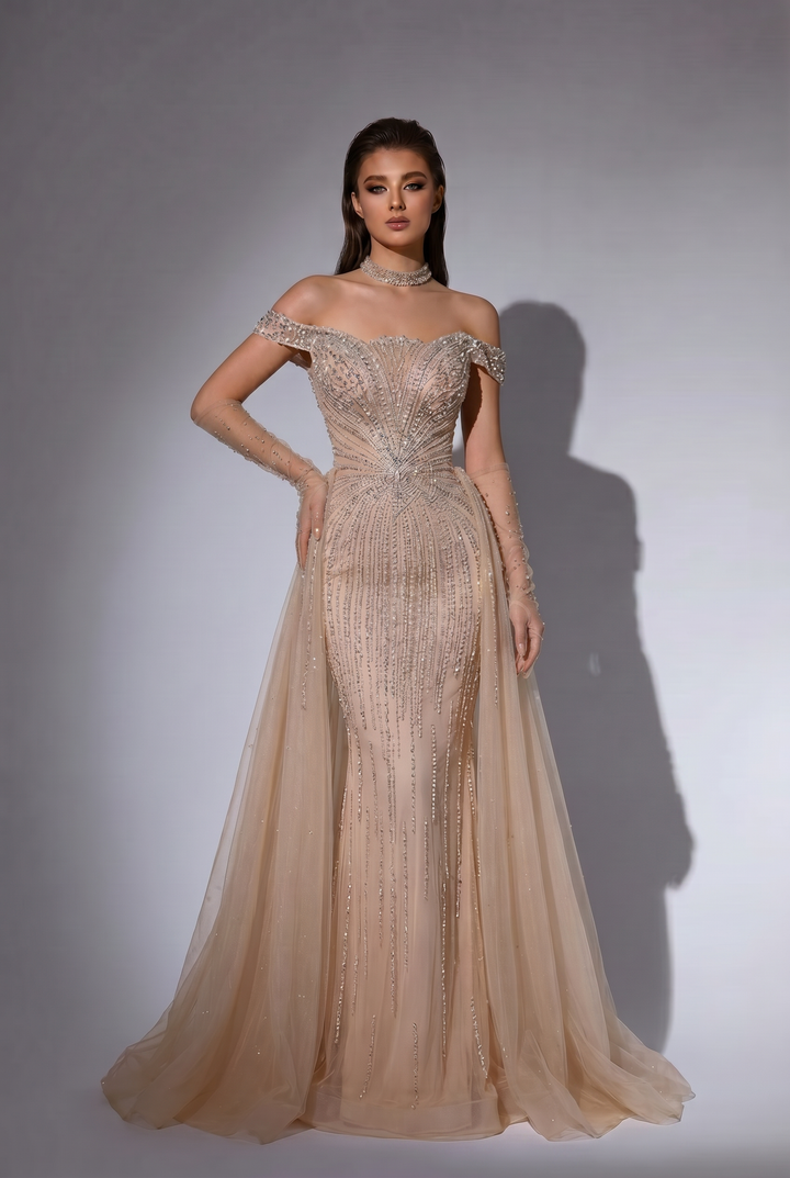 Champagne Mermaid Evening Gown with Off-the-Shoulder Neckline, Detachable Overskirt and Crystal Beading – Formal Dress Plus Size