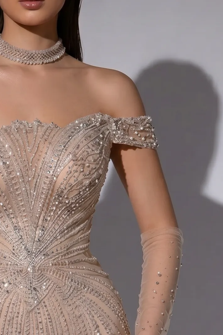 Champagne Mermaid Evening Gown with Off-the-Shoulder Neckline, Detachable Overskirt and Crystal Beading – Formal Dress Plus Size