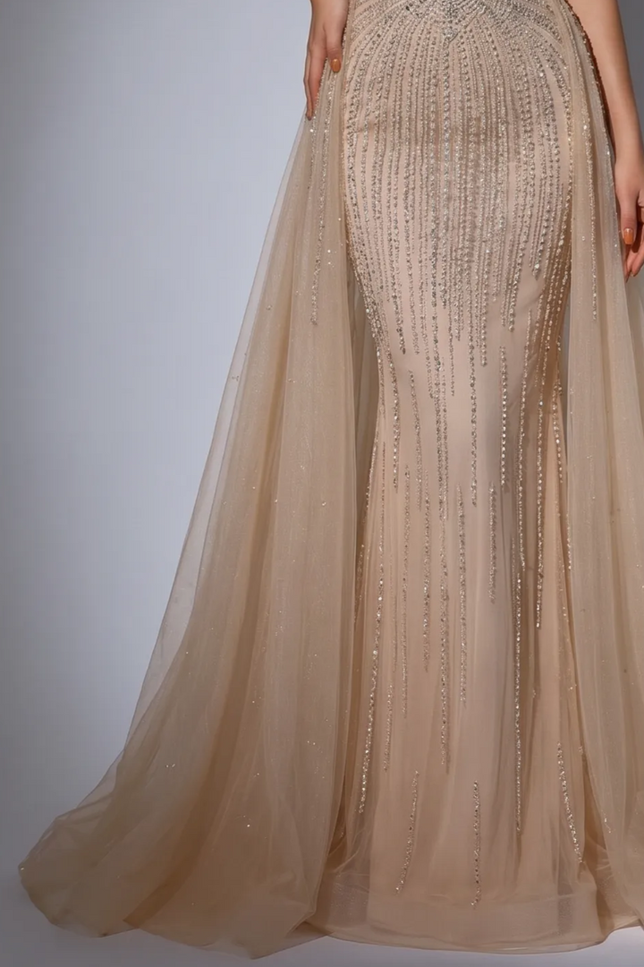 Champagne Mermaid Evening Gown with Off-the-Shoulder Neckline, Detachable Overskirt and Crystal Beading – Formal Dress Plus Size