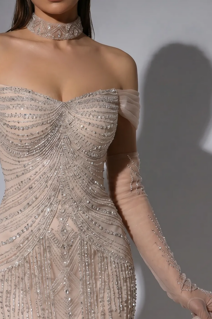 Champagne Mermaid Evening Gown with Off-the-Shoulder Sleeves, Crystal Beading, Detachable Gloves and Draped Tulle Panels – Formal Dress Plus Size