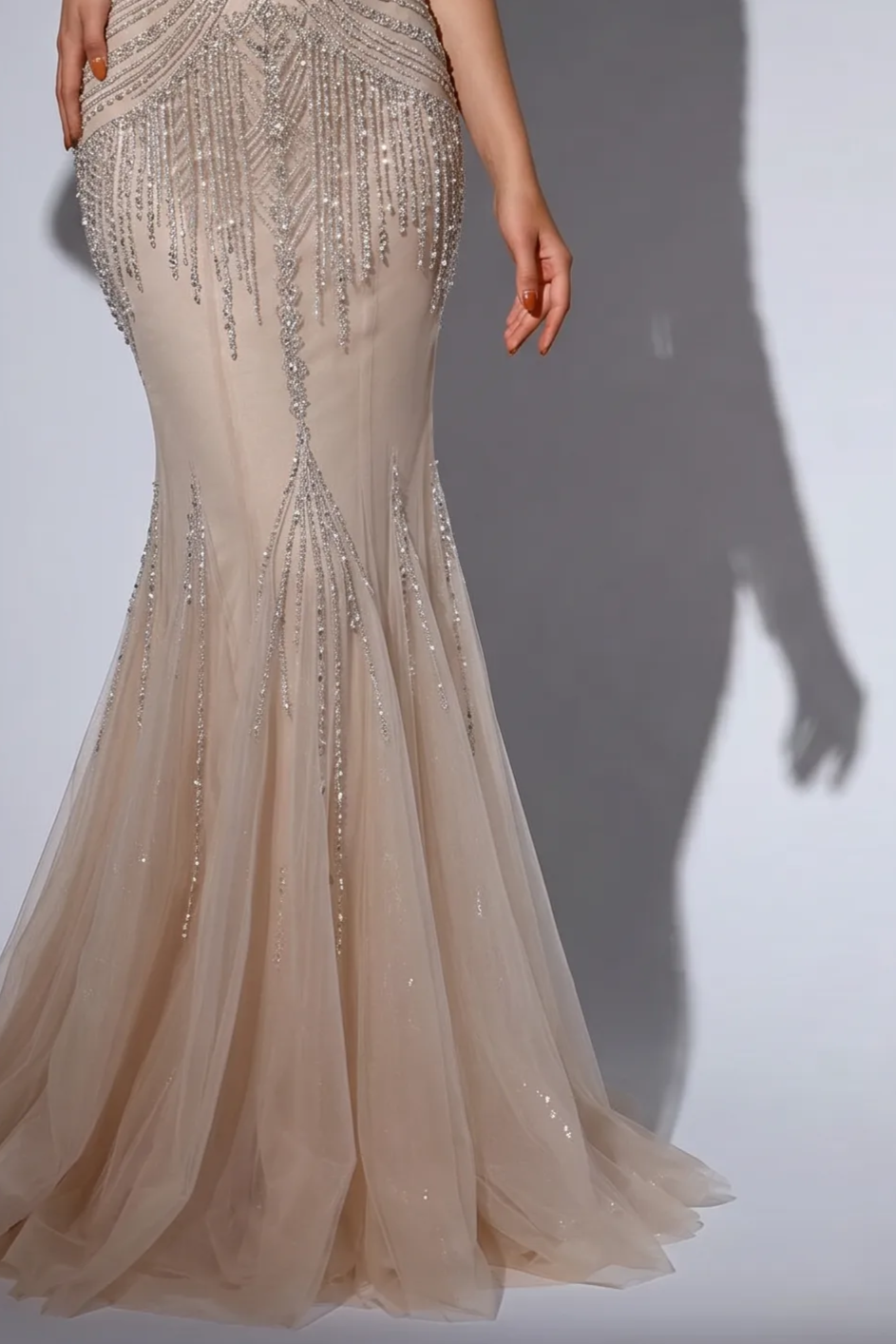 Champagne Mermaid Evening Gown with Off-the-Shoulder Sleeves, Crystal Beading, Detachable Gloves and Draped Tulle Panels – Formal Dress Plus Size