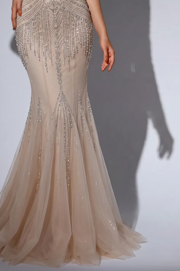 Champagne Mermaid Evening Gown with Off-the-Shoulder Sleeves, Crystal Beading, Detachable Gloves and Draped Tulle Panels – Formal Dress Plus Size