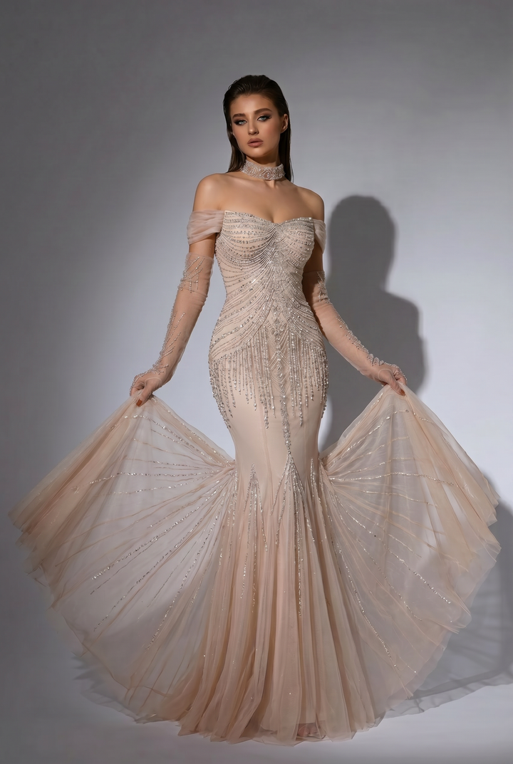 Champagne Mermaid Evening Gown with Off-the-Shoulder Sleeves, Crystal Beading, Detachable Gloves and Draped Tulle Panels – Formal Dress Plus Size
