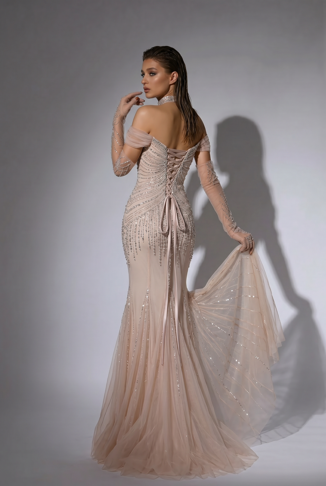 Champagne Mermaid Evening Gown with Off-the-Shoulder Sleeves, Crystal Beading, Detachable Gloves and Draped Tulle Panels – Formal Dress Plus Size