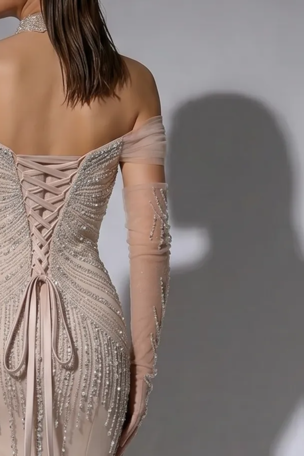 Champagne Mermaid Evening Gown with Off-the-Shoulder Sleeves, Crystal Beading, Detachable Gloves and Draped Tulle Panels – Formal Dress Plus Size