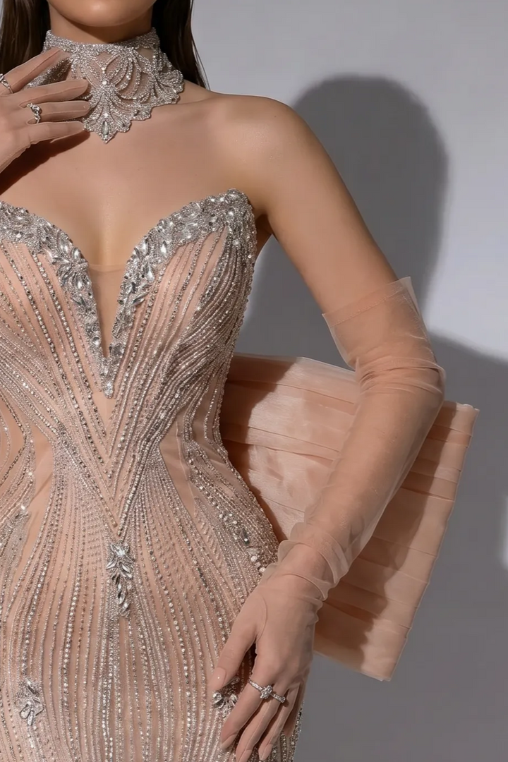 Champagne Mermaid Evening Gown with Oversized Bow Train, Sweetheart Neckline and Crystal Beading – Formal Dress Plus Size