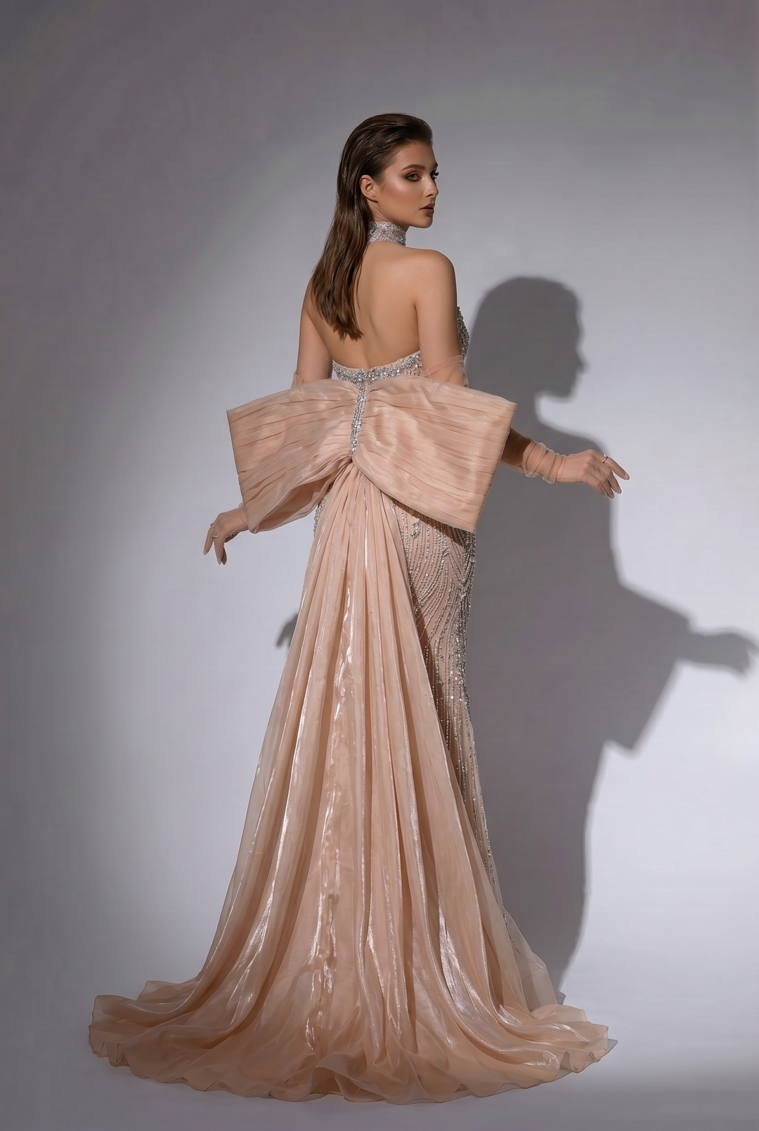 Champagne Mermaid Evening Gown with Oversized Bow Train, Sweetheart Neckline and Crystal Beading – Formal Dress Plus Size