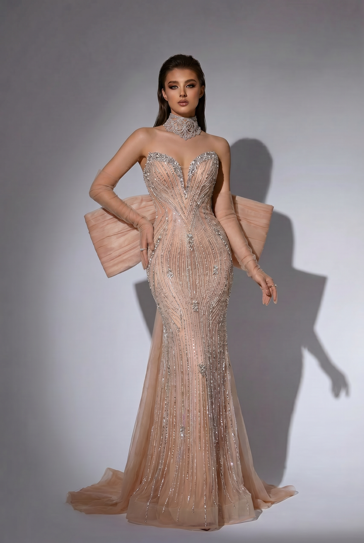 Champagne Mermaid Evening Gown with Oversized Bow Train, Sweetheart Neckline and Crystal Beading – Formal Dress Plus Size